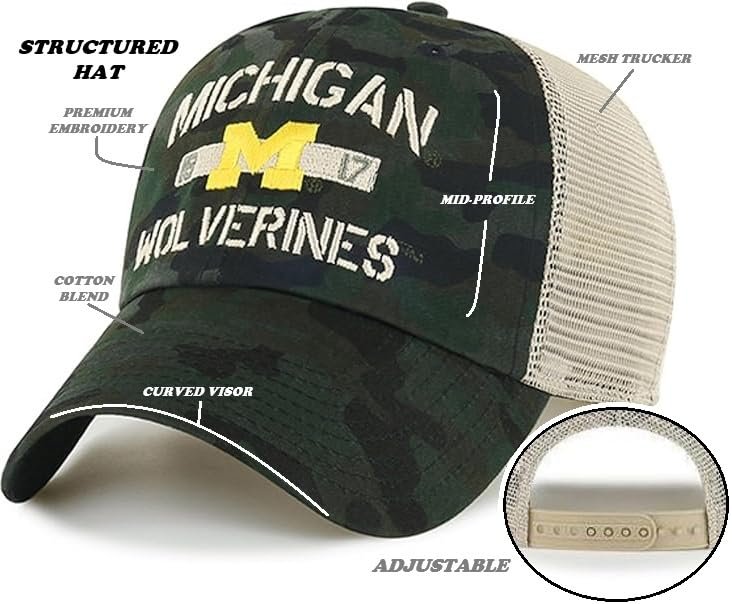 Officially Licensed Michigan University Camo Mesh Trucker Relaxed Fit Hat Classic Embroidered Team Logo Adjustable Snapback Sports Cap