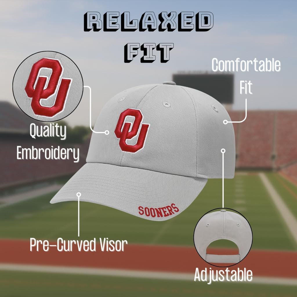 Officially Licensed Oklahoma University Sooners Hat Classic Adjustable Gray Relaxed Fit Embroidered Primary Team Logo Baseball Sports Cap
