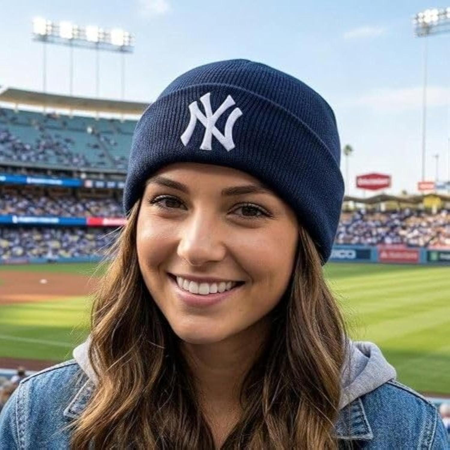 Officially Licensed New York Navy Blue Cuffed Knit Beanie with Iconic NY Embroidery in White