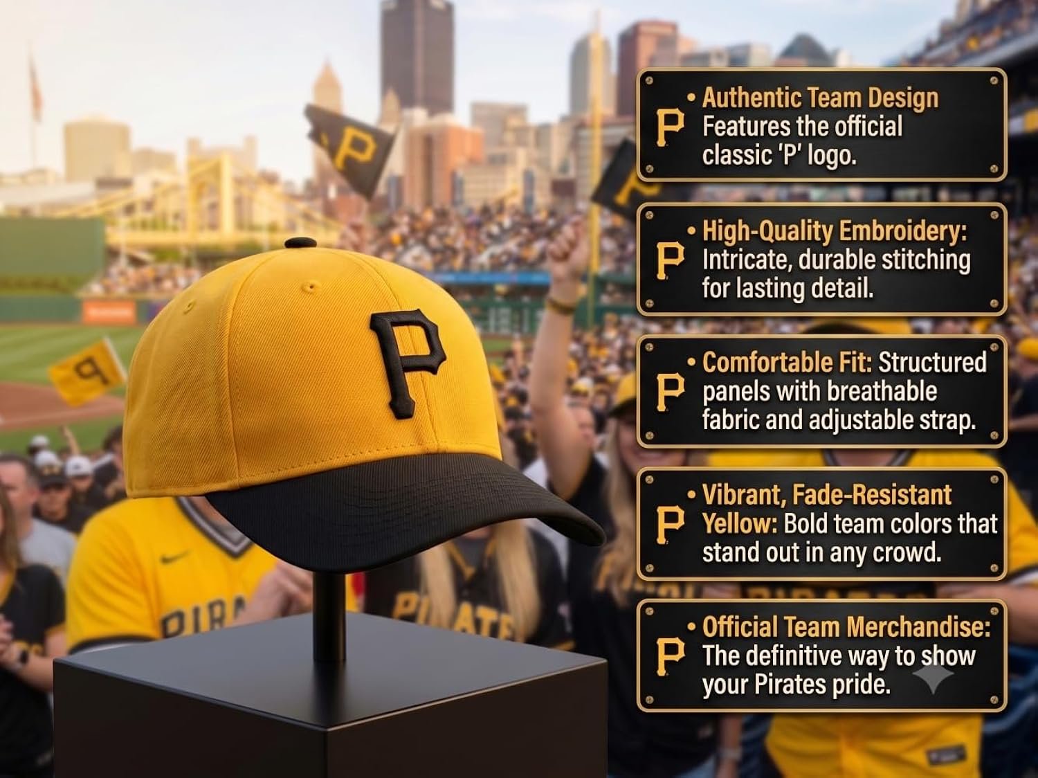 Officially Licensed Pittsburgh Pirates Two Tone Black/Yellow MVP Hat Iconic Embroidered P Logo Adjustable Structured Sports Cap
