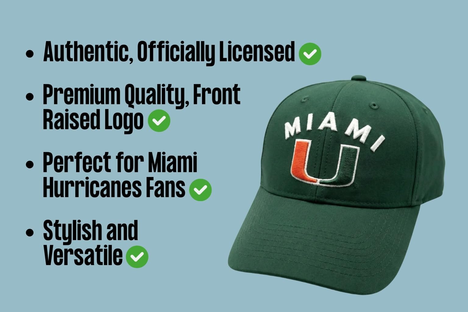 Officially Licensed University Miami Hurricanes Hat Classic Relaxed Fit Team Logo Adjustable Embroidered Cap