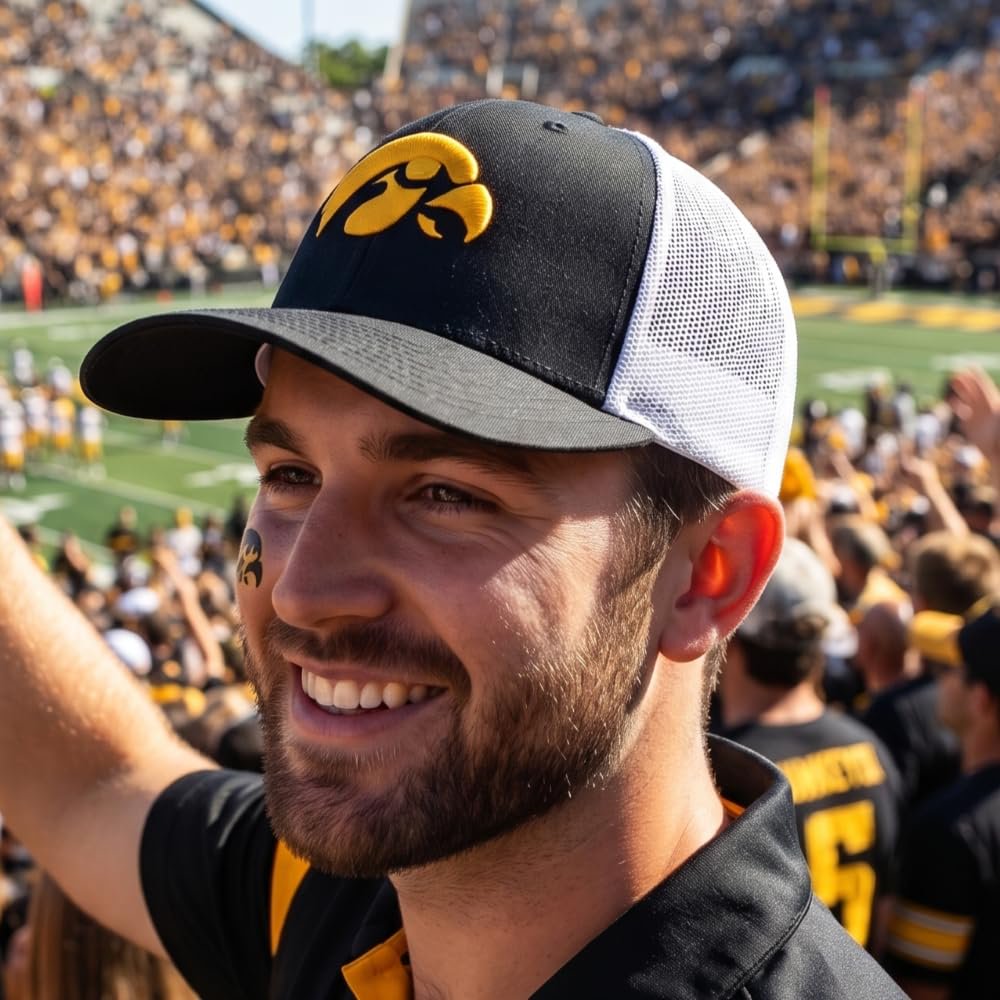 Officially Licensed Iowa Hawkeyes Black/White Mesh Trucker Hat Classic Adjustable Embroidered Logo Snapback Sports Cap