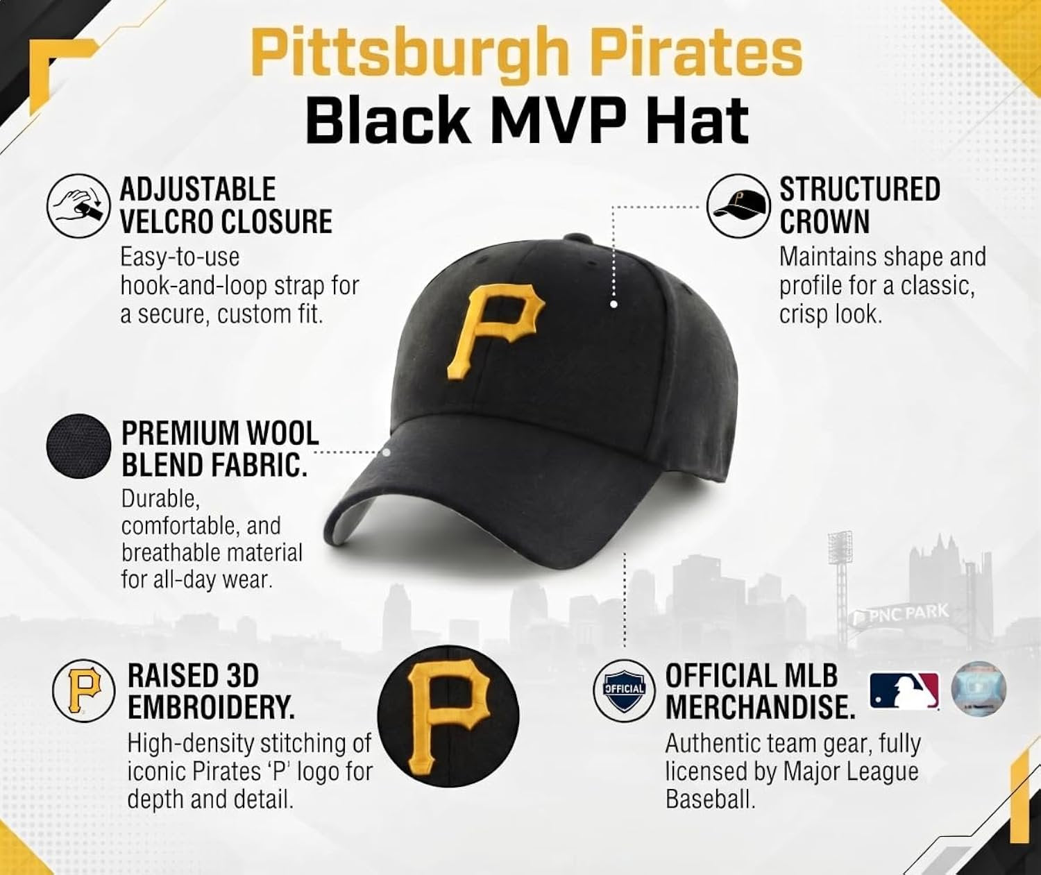 Officially Licensed Pittsburgh Pirates Black MPV Hat Iconic Yellow P logo Embroidery Structured Adjustable Sports Cap