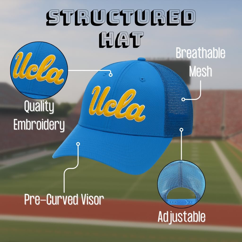 Officially Licensed University California Blue Mesh Trucker MVP Hat Classic Embroidered Bruins Team Logo Adjustable Structured Snapback Sports Cap
