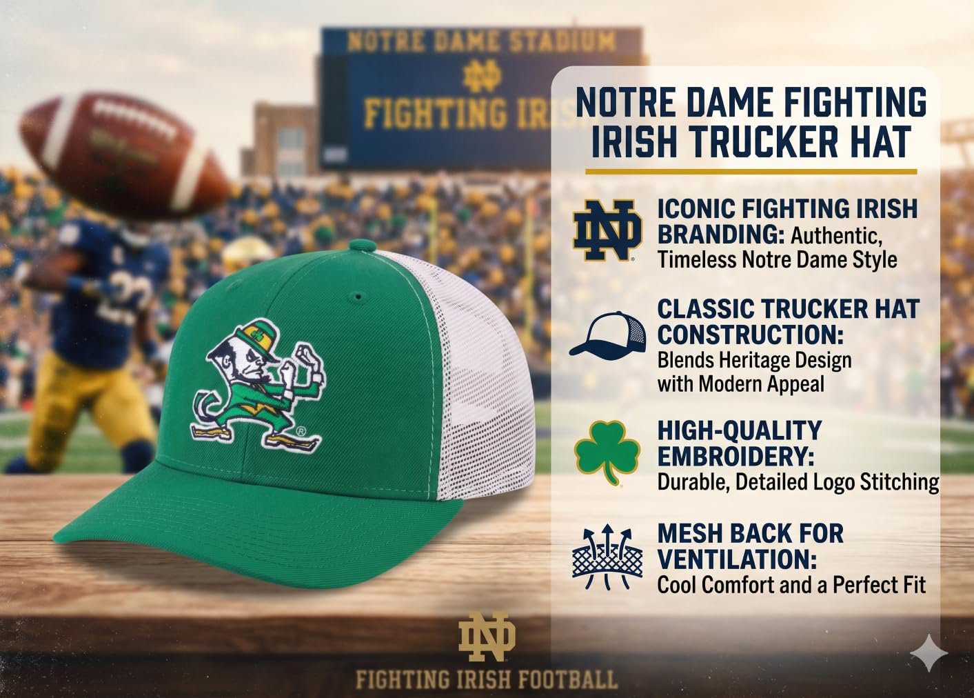 Officially Licensed Notre Dame Fighting Irish Classic Green/White Mesh Trucker Adjustable Hat
