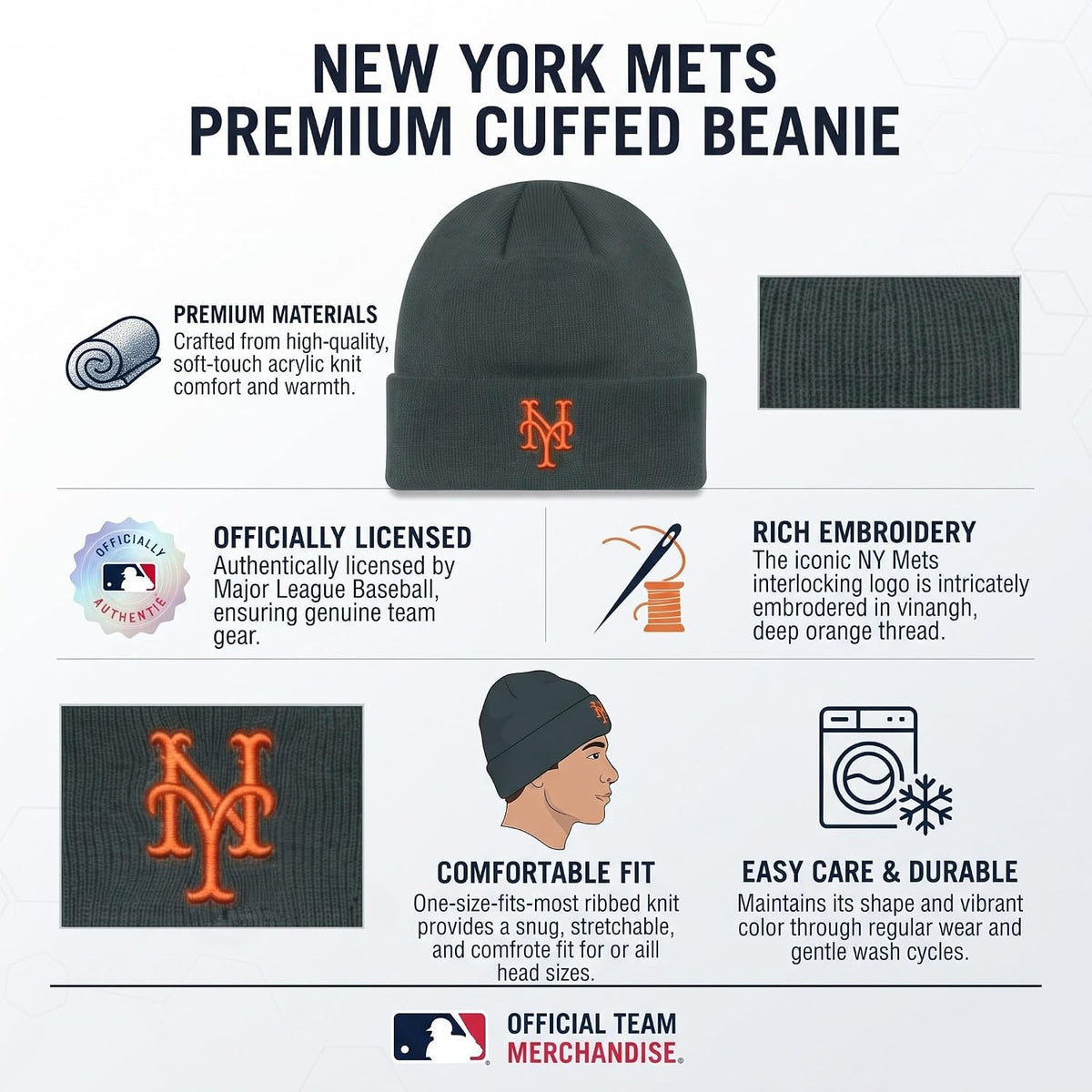 New York Mets Charcoal Cuff Knit Beanie Orange 'NY' Logo Embroidery