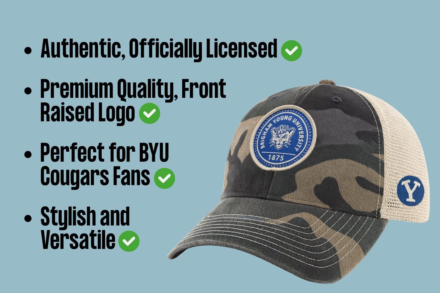 Officially Licensed BYU Cougars Camo Hat Classic Mesh Trucker Relaxed Fit Adjustable Embroidered Team Logo Cap Multicolor