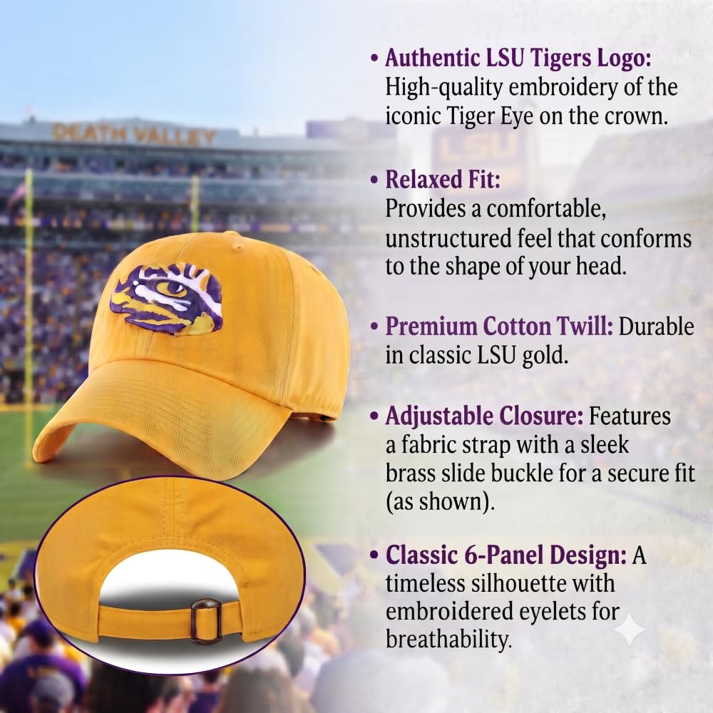 Officially Licensed LSU Tigers Yellow Clean Up Hat Relaxed Fit Adjustable Embroidered Logo Sports Cap