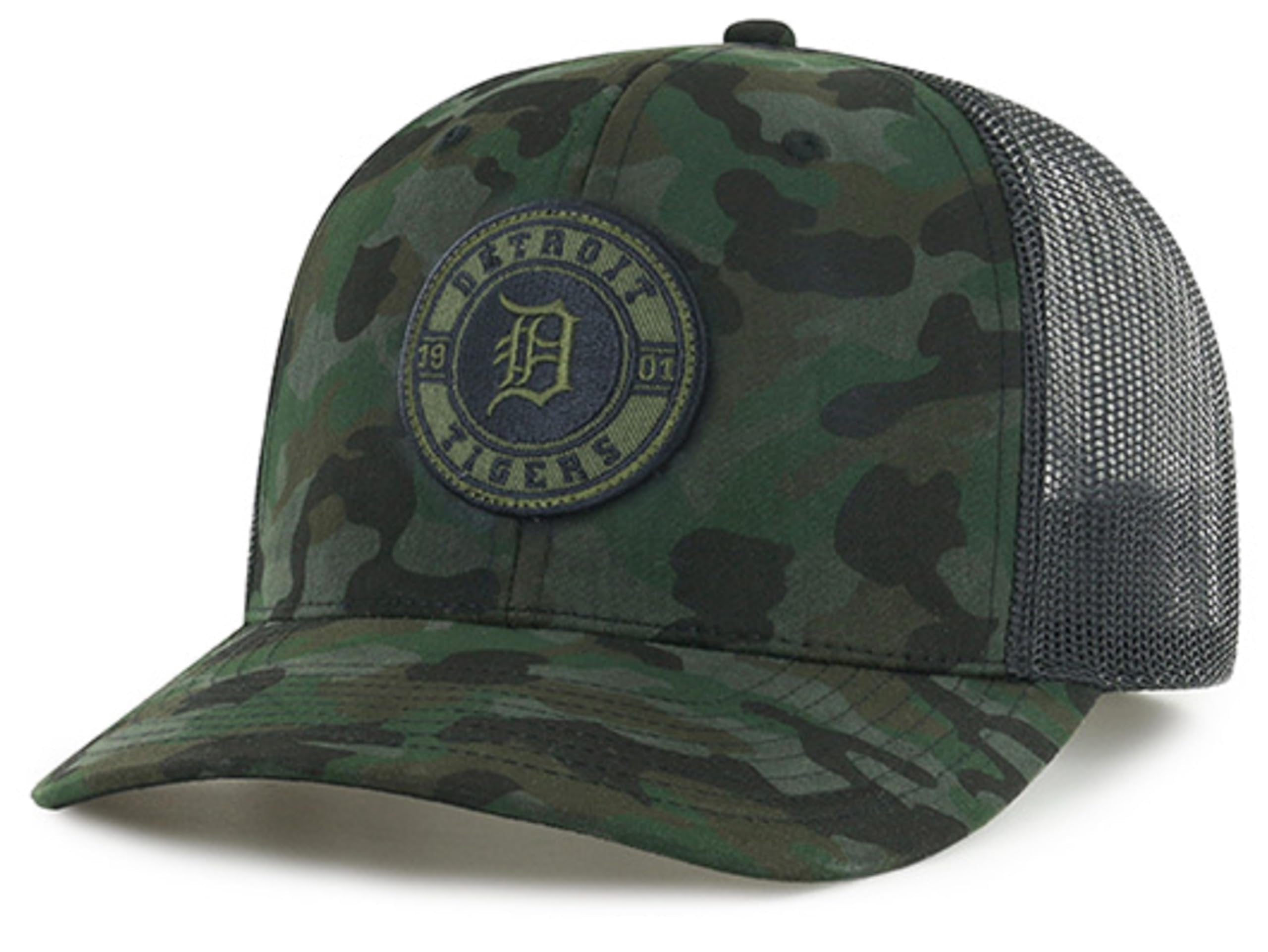 Officially Licensed Detroit Tigers Camo Mesh Trucker Hat Adjustable Embroidered Structured Black/Woodland Snapback SportscCap