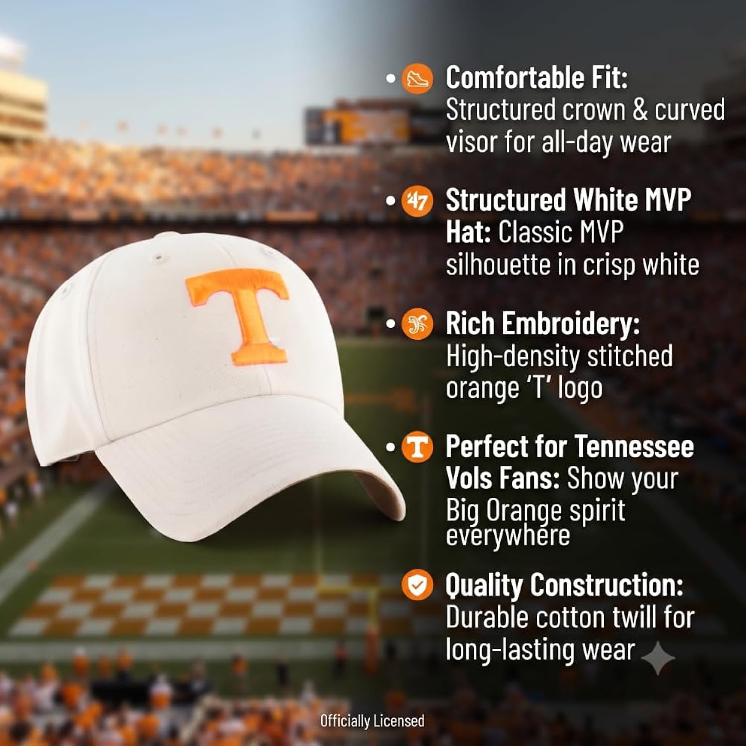 Officially Licensed University of Tennessee Vols White MVP Hat Classic Orange T Logo Embroidery Adjustable Structured Sports Cap