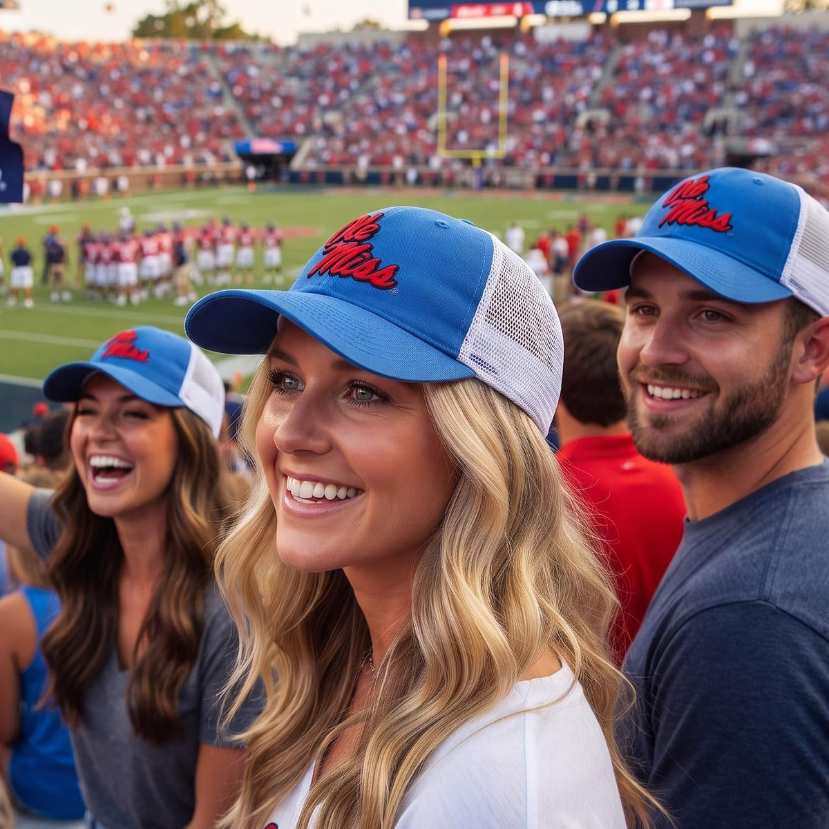 Ole Miss Trucker Hat Blue & White with Embroidered 'Ole Miss' Red Logo