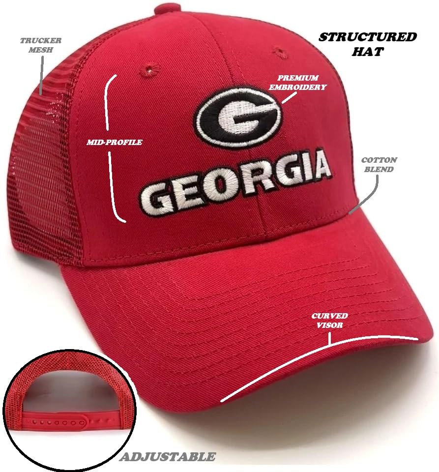 Officially Licensed University Georgia Classic Bulldogs Embroidered Team Logo Red Mesh Trucker Hat Adjustable Structured Snapback Sports Cap
