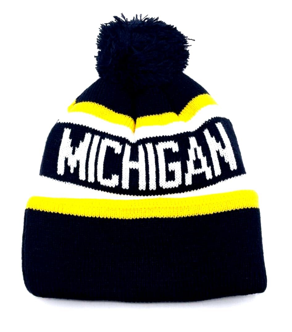 Officially Licensed Michigan Cuffed Knit Pom Beanie Hat Classic Edition Embroidered Team Logo Blue/White University Cap Multicolor
