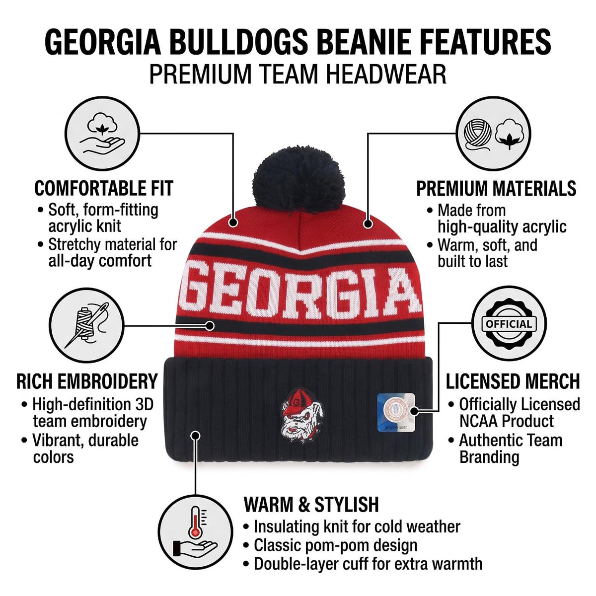 Georgia Bulldogs Cuffed Knit Red Black White Pom Beanie Winter Sports Cap