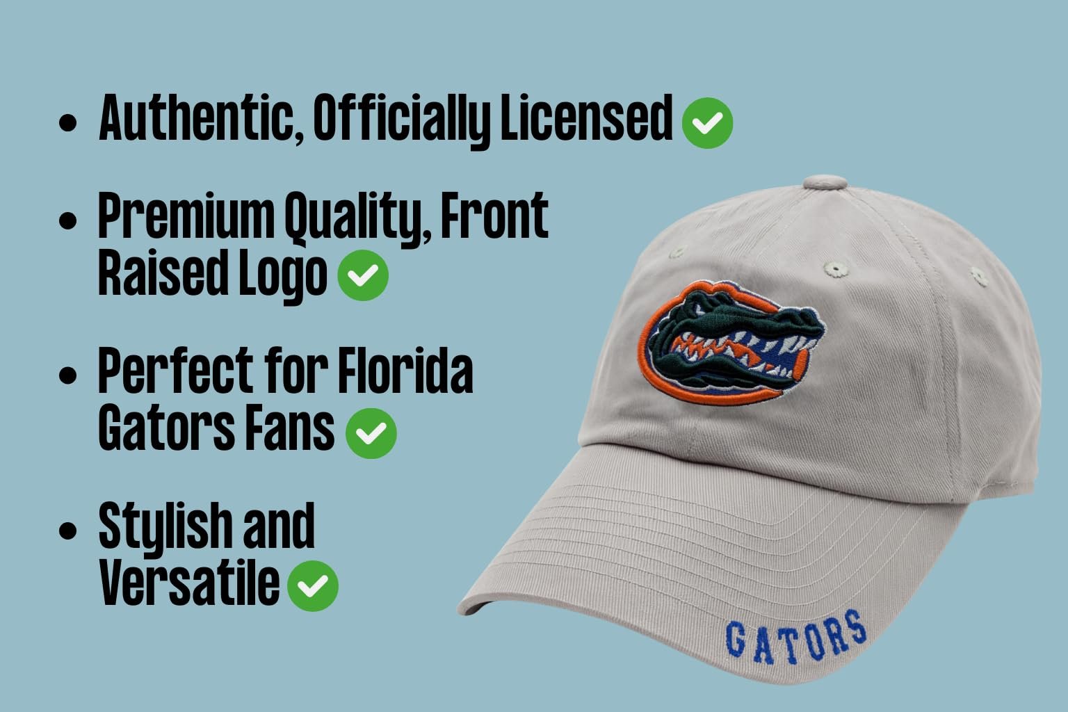 Officially Licensed University Florida Hat Classic Relaxed Fit Gators Team Logo Adjustable Embroidered Baseball Sports Gray Ball Cap