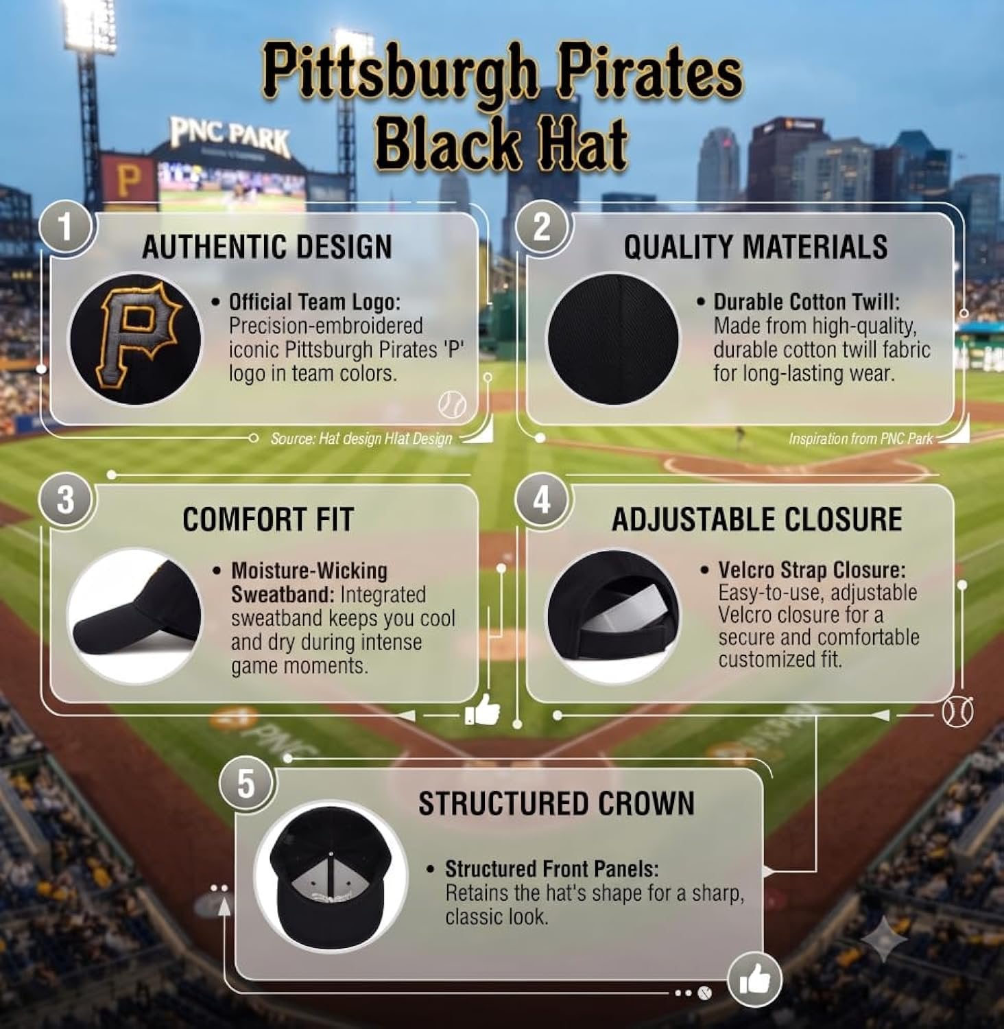 Officially Licensed Pittsburgh Baseball Classic Edition Hat Adjustable Embroidered Team Logo Structured MVP Black Cap