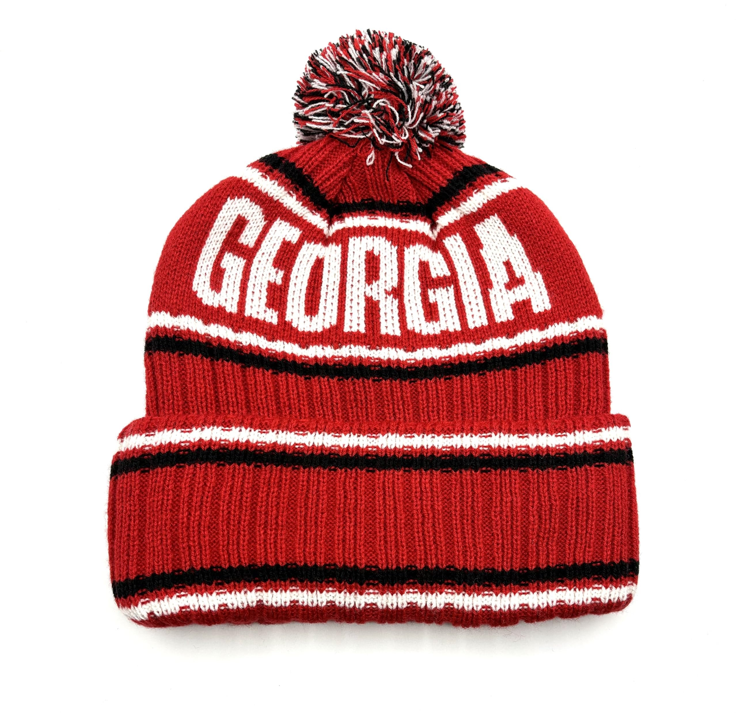 Officially Licensed Georgia Bulldogs Cuffed Knit Pom Beanie Hat Classic Bulldogs Embroidered Red/White Mascot Team Logo Winter Cap Multicolor