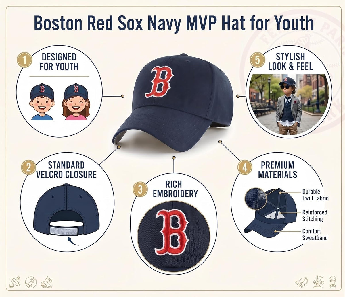 Red Sox Youth Navy MVP Hat Embroidered Baseball Cap for Boys and Girls
