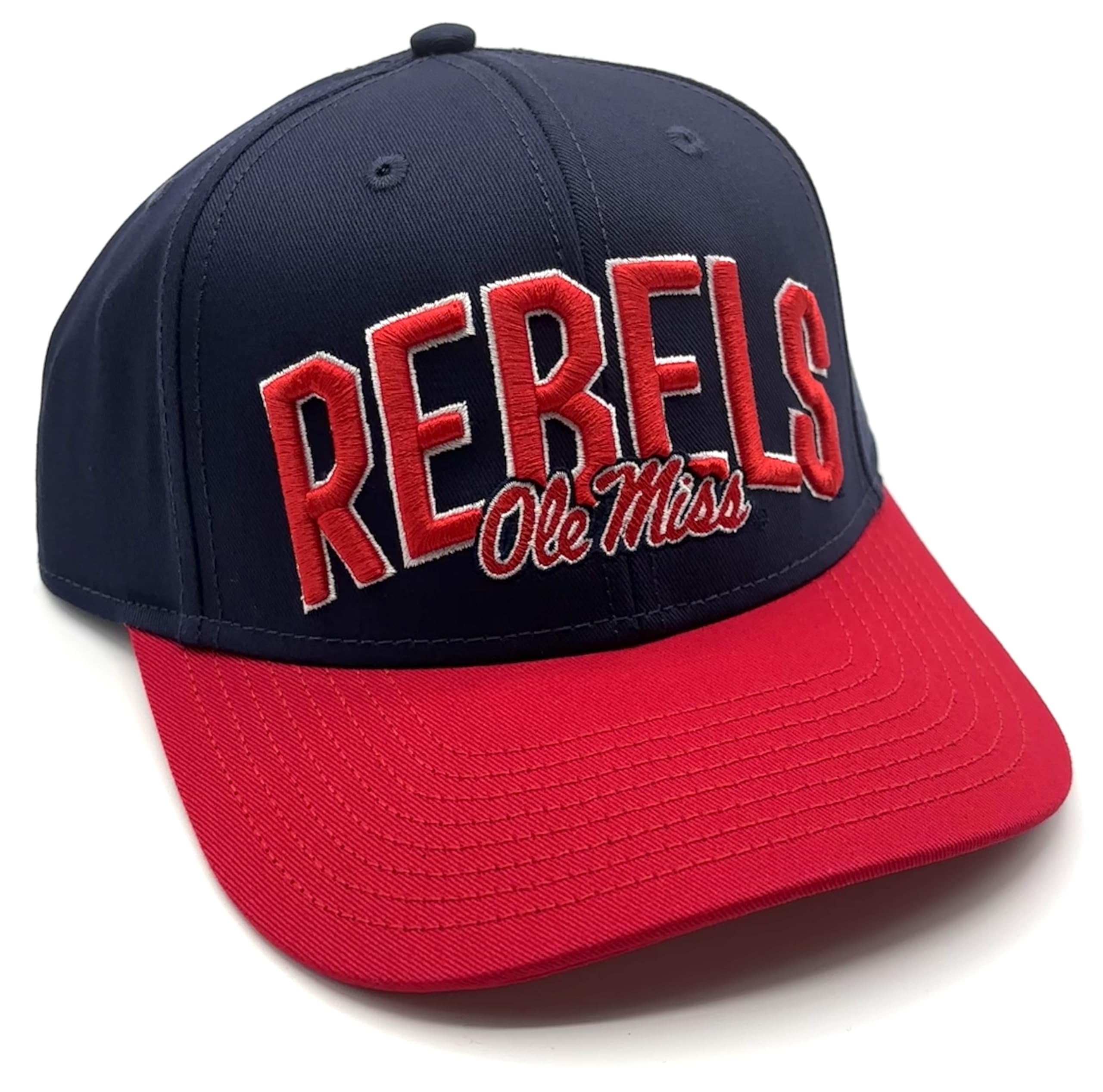 Officially Licensed Ole Miss Hat Navy/Red Two-Tone Adjustable Rebels Embroidered Team Logo Snapback Blue Cap