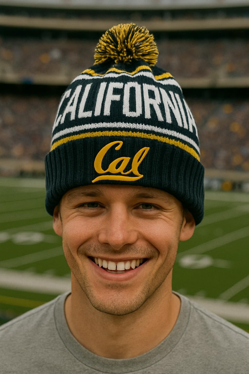 Officially Licensed Cal Berkeley Golden Bears Navy Cuffed Knit Pom Beanie Hat Classic Embroidered University Team Logo Blue Winter White Sports Cap