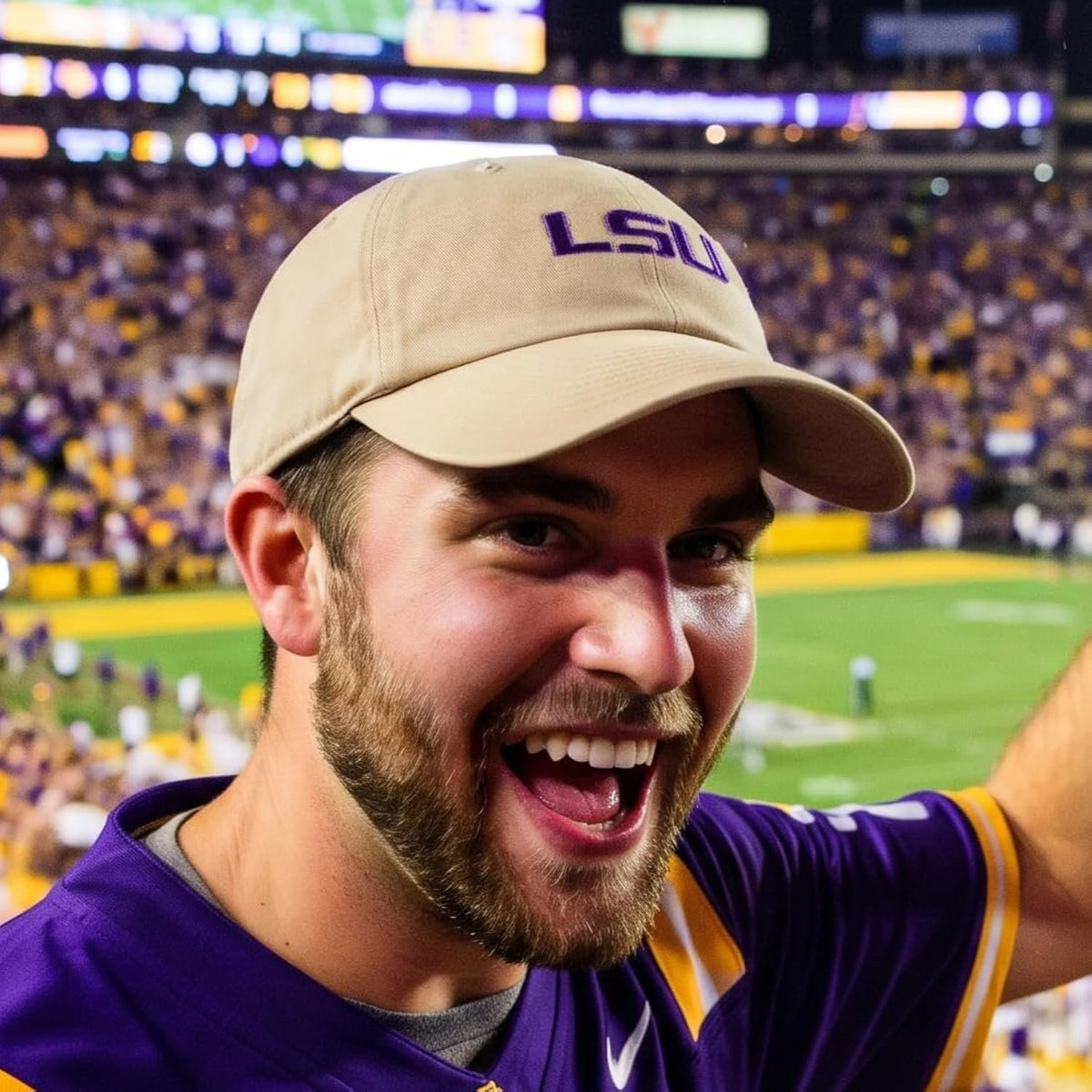 LSU Tigers Relaxed Fit Beige Hat with Purple Logo, Adjustable Unisex Cap