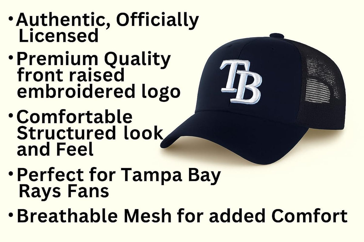 Officially Licensed Tampa Bay Baseball Navy Blue Classic Mesh Trucker Hat Primary Home Team Logo Adjustable Structured Snapback Sports Ball Cap