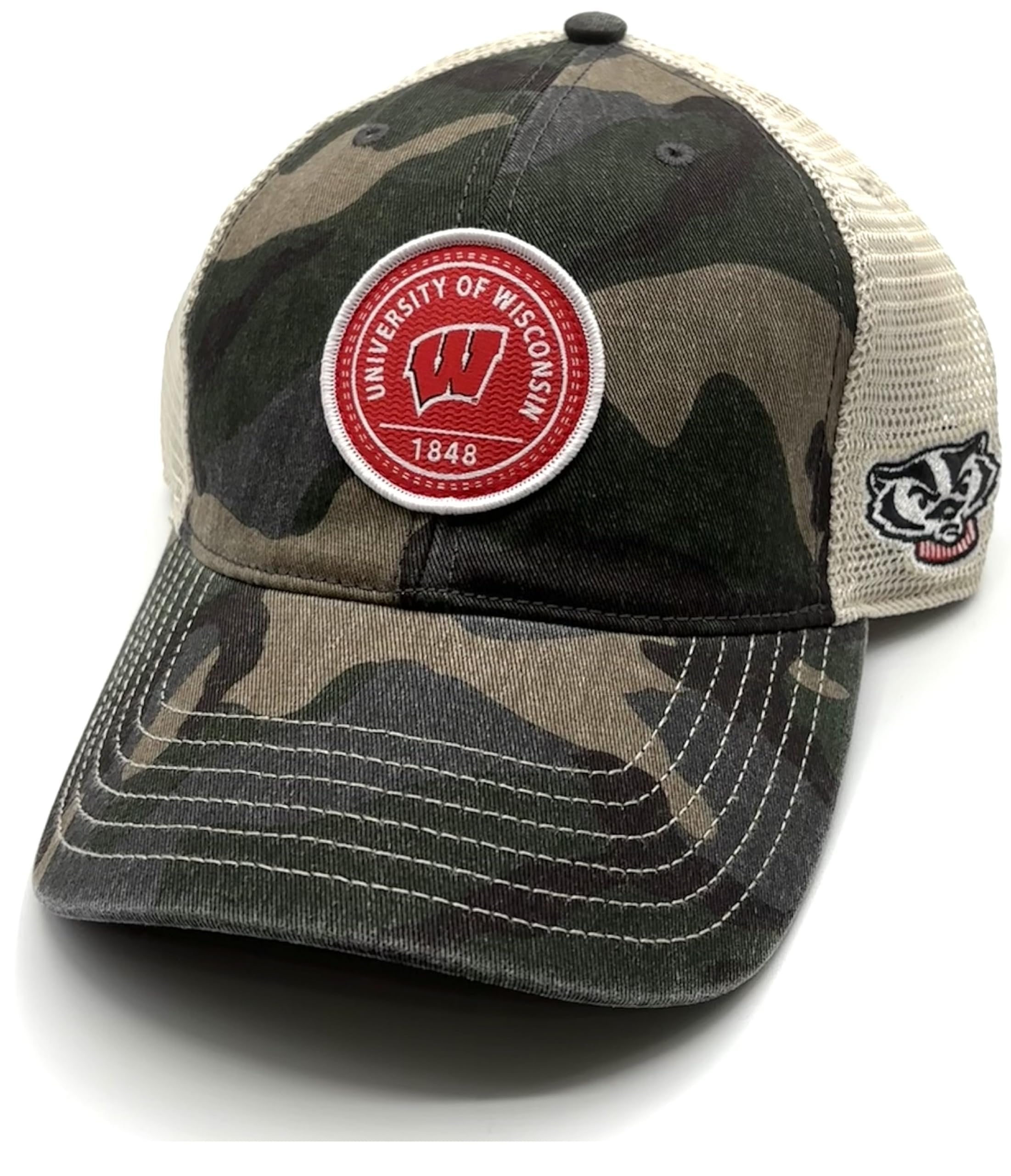 Officially Licensed University Wisconsin Camo Baseball Hat Classic Edition Badgers Relaxed Fit Adjustable Snapback Cap Multicolor
