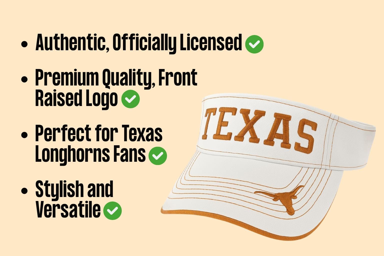 47 Officially Licensed Texas University Longhorns Visor Hat Adjustable Orange/White Team Logo Solid Embroidered Cap