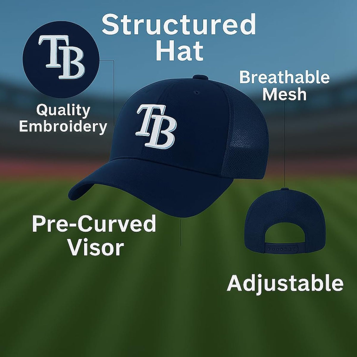 Officially Licensed Tampa Bay Baseball Navy Blue Classic Mesh Trucker Hat Primary Home Team Logo Adjustable Structured Snapback Sports Ball Cap