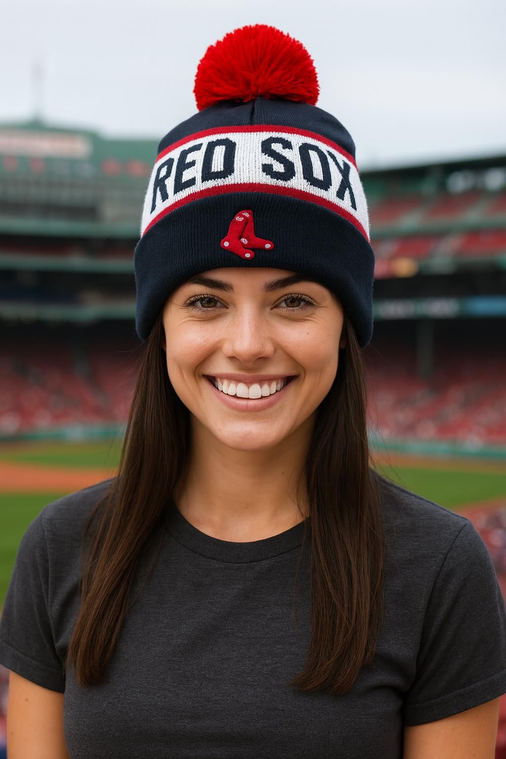 Officially Licensed Boston Red Sox Baseball Navy Cuffed Knit Pom Beanie Hat Classic Edition Embroidered Red/White Team Logo Winter Sox Winter Sports Cap