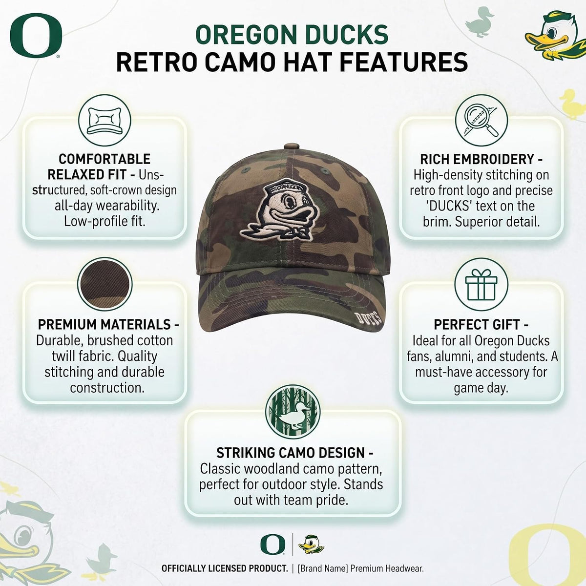 Oregon Ducks Camo Relaxed Fit Hat with Embroidered Duck Logo Unisex Cap