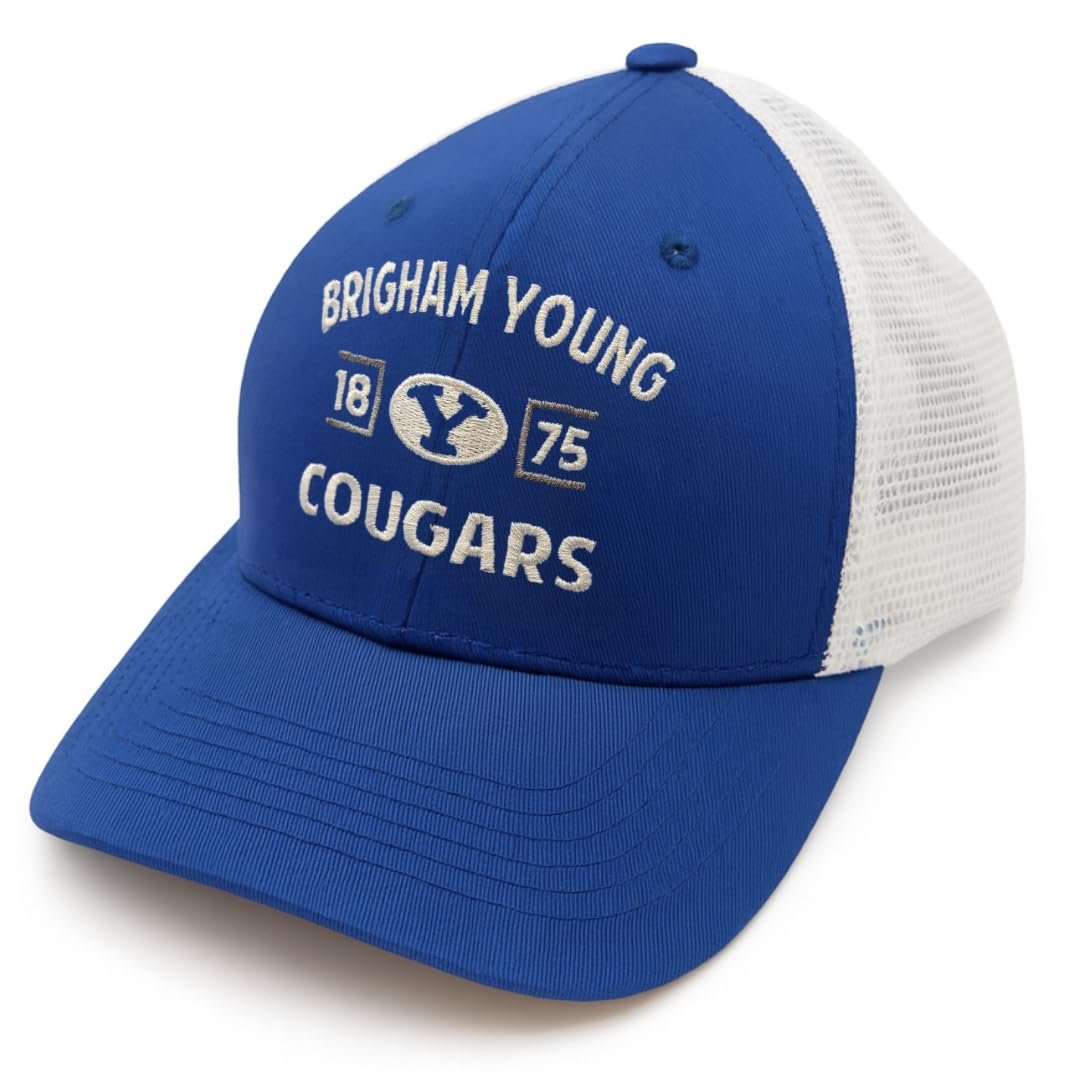 Officially Licensed BYU Cougars Classic Edition Mesh Trucker Hat White/Blue Adjustable Primary Team Logo Embroidered Structured Snapback Baseball Sports Cap