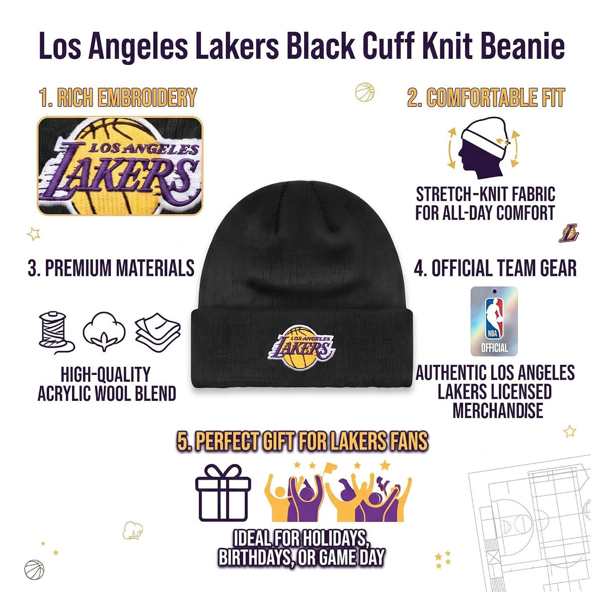 Los Angeles Lakers Black Cuff Knit Beanie Multicolor Logo Embroidery Unisex