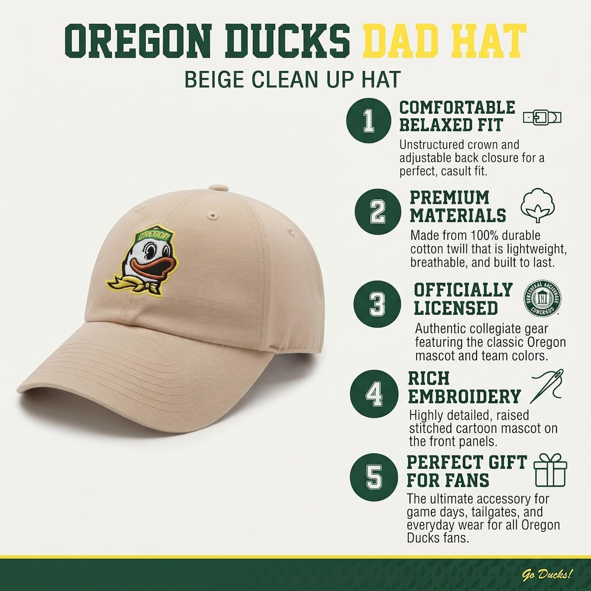 Oregon Ducks Relaxed Fit Beige Hat with Multicolor Logo Adjustable Cap