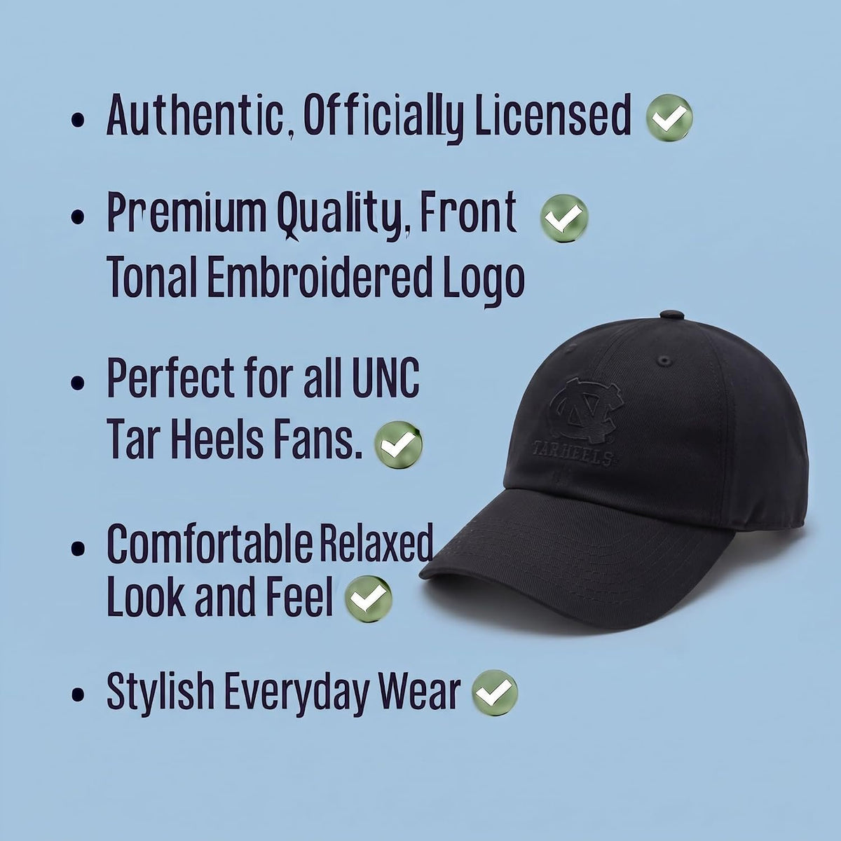 North Carolina Relaxed Fit All Black Hat UNC Tar Heels Embroidery Logo Cap