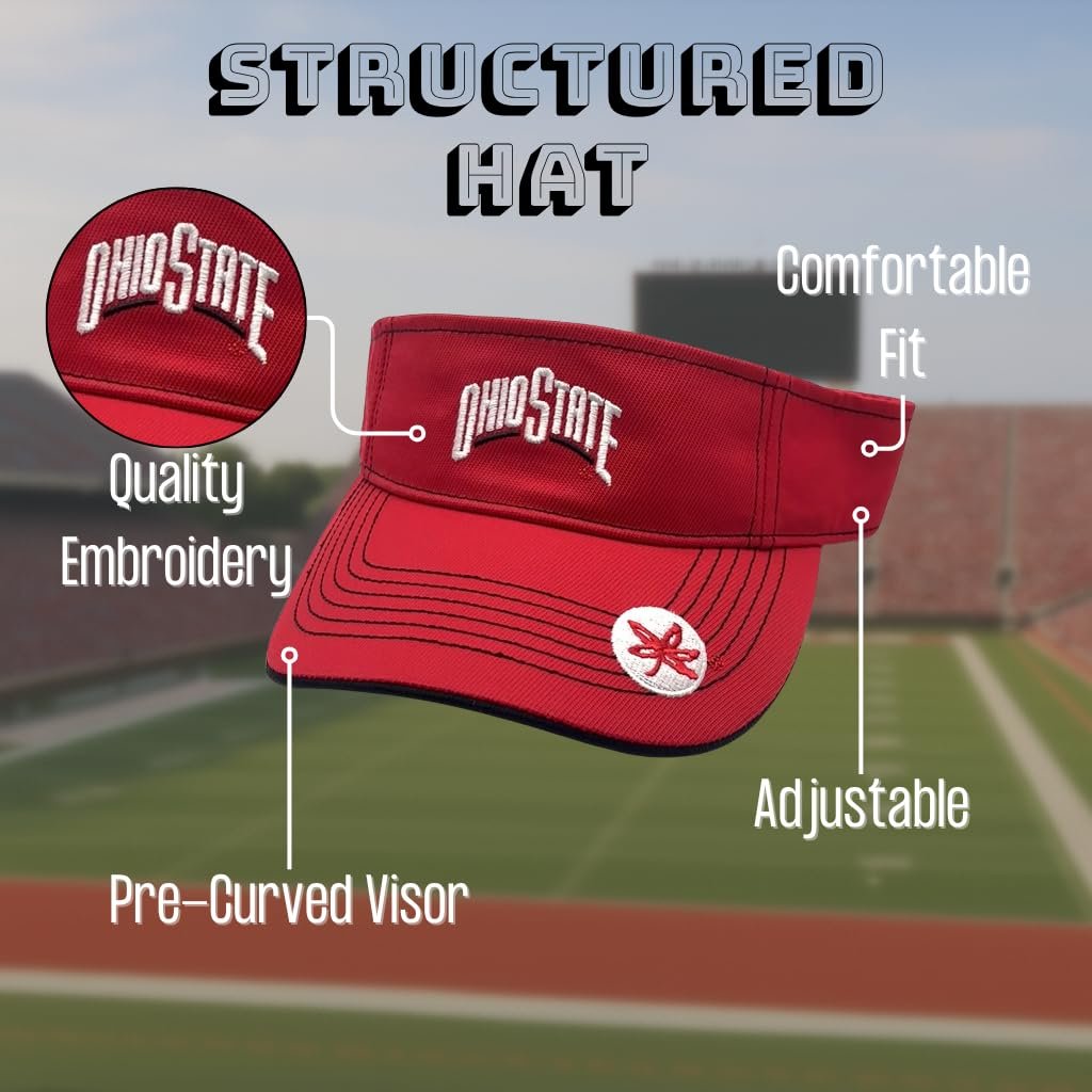 Officially Licensed Ohio State Buckeyes Visor Hat Classic Edition Adjustable Team Logo Embroidered Cap (Red)