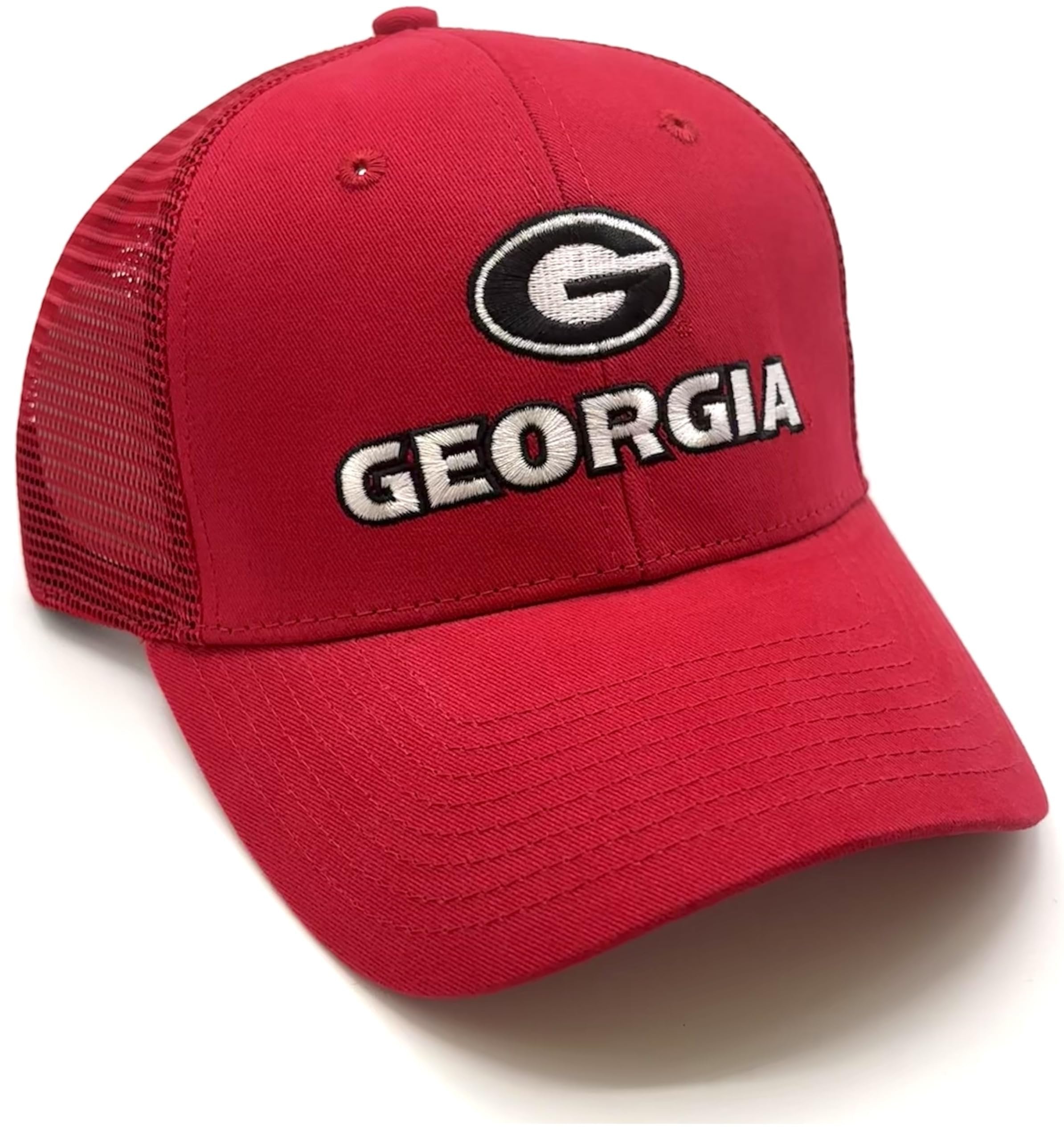 Officially Licensed University Georgia Classic Bulldogs Embroidered Team Logo Red Mesh Trucker Hat Adjustable Structured Snapback Sports Cap