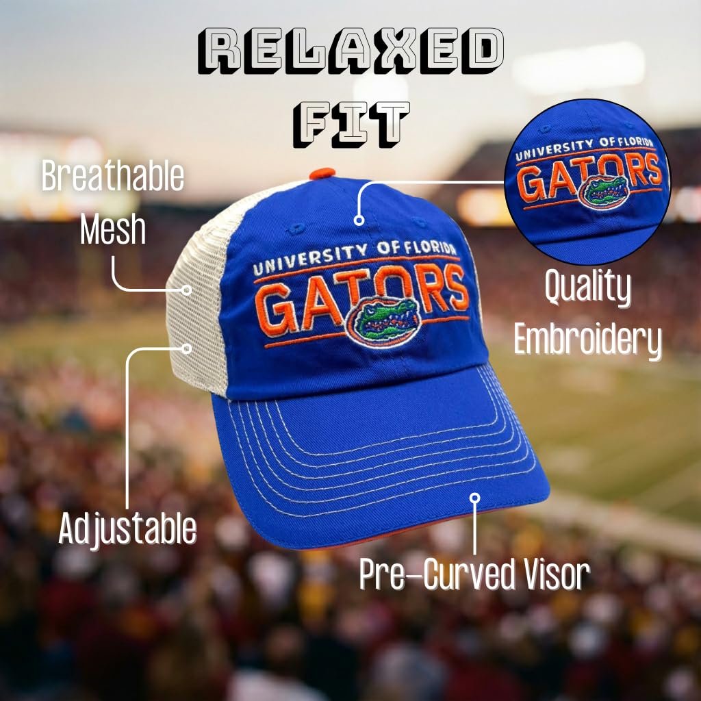 Officially Licensed University of Florida Gators Blue Mesh Trucker Snapback Hat Classic Primary Home Embroidered Team Logo Adjustable Baseball MVP Sports Ball Cap