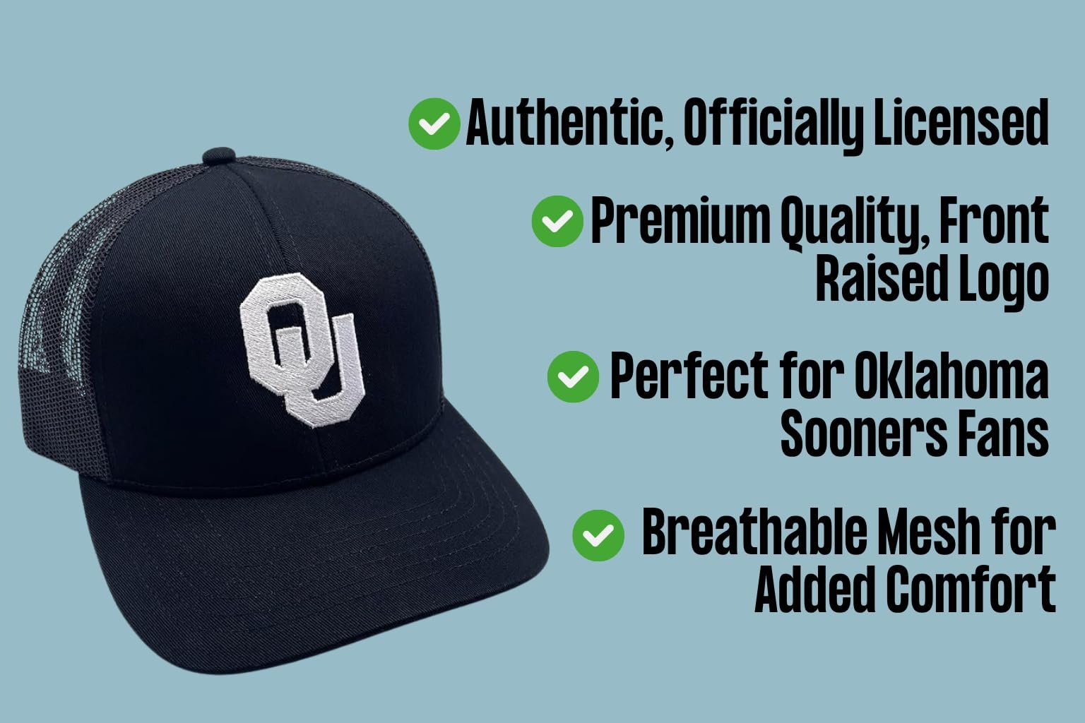 Officially Licensed Oklahoma University Sooners Black Mesh Trucker Hat Classic Team Logo Adjustable Structured Snapback Cap
