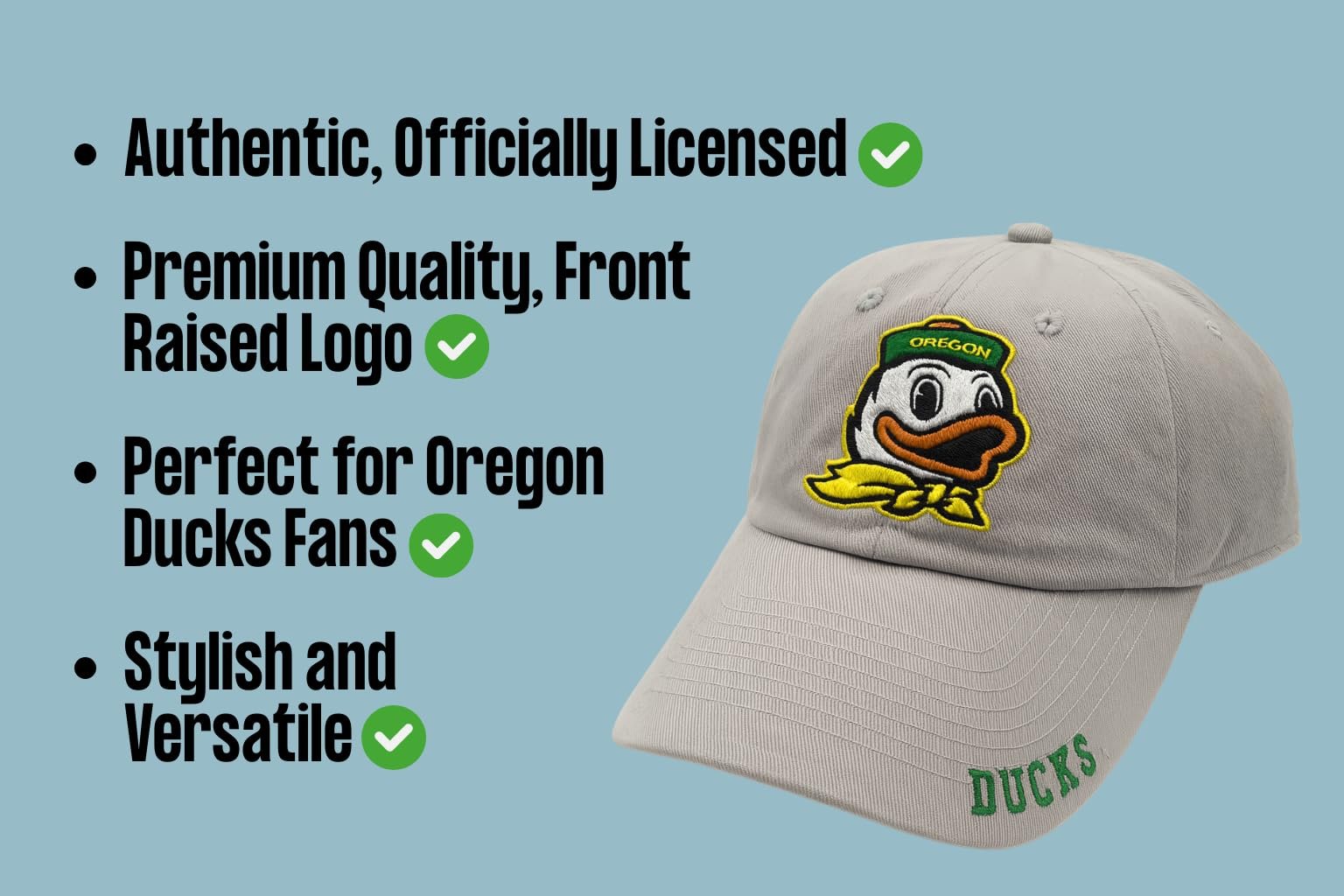 Officially Licensed Oregon University Ducks Classic Edition Gray Clean Up Hat Adjustable Relaxed Fit Primary Mascot Embroidered Team Logo Sports Ball Cap