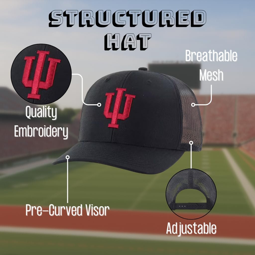 Officially Licensed University Indiana Mesh Trucker Hat Classic Primary Home Team Logo Adjustable Structured Embroidered Black Snapback Baseball Sports Ball Cap
