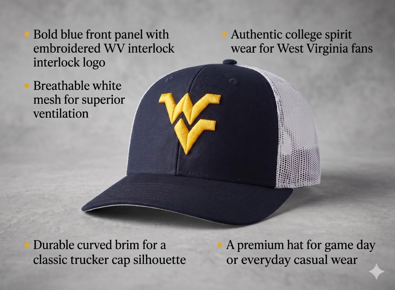 Officially Licensed West Virginia Classic Mesh Trucker Hat Navy Blue / White Adjustable MVP Primary University Team Logo Baseball Sports Cap