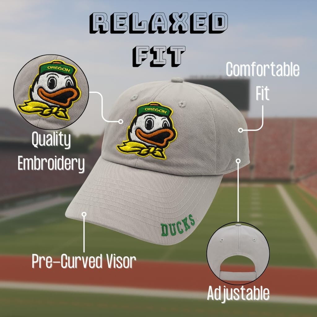 Officially Licensed Oregon University Ducks Classic Edition Gray Clean Up Hat Adjustable Relaxed Fit Primary Mascot Embroidered Team Logo Sports Ball Cap