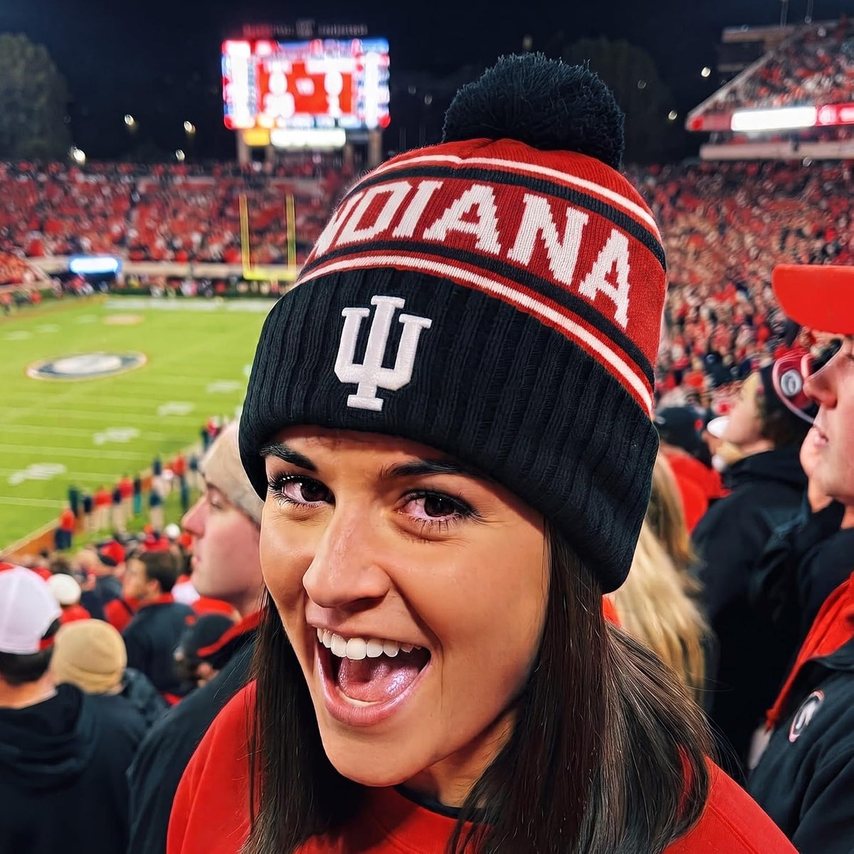 Indiana Hoosiers Multi Color Cuff Knit Pom Snappy Beanie with IU Logo