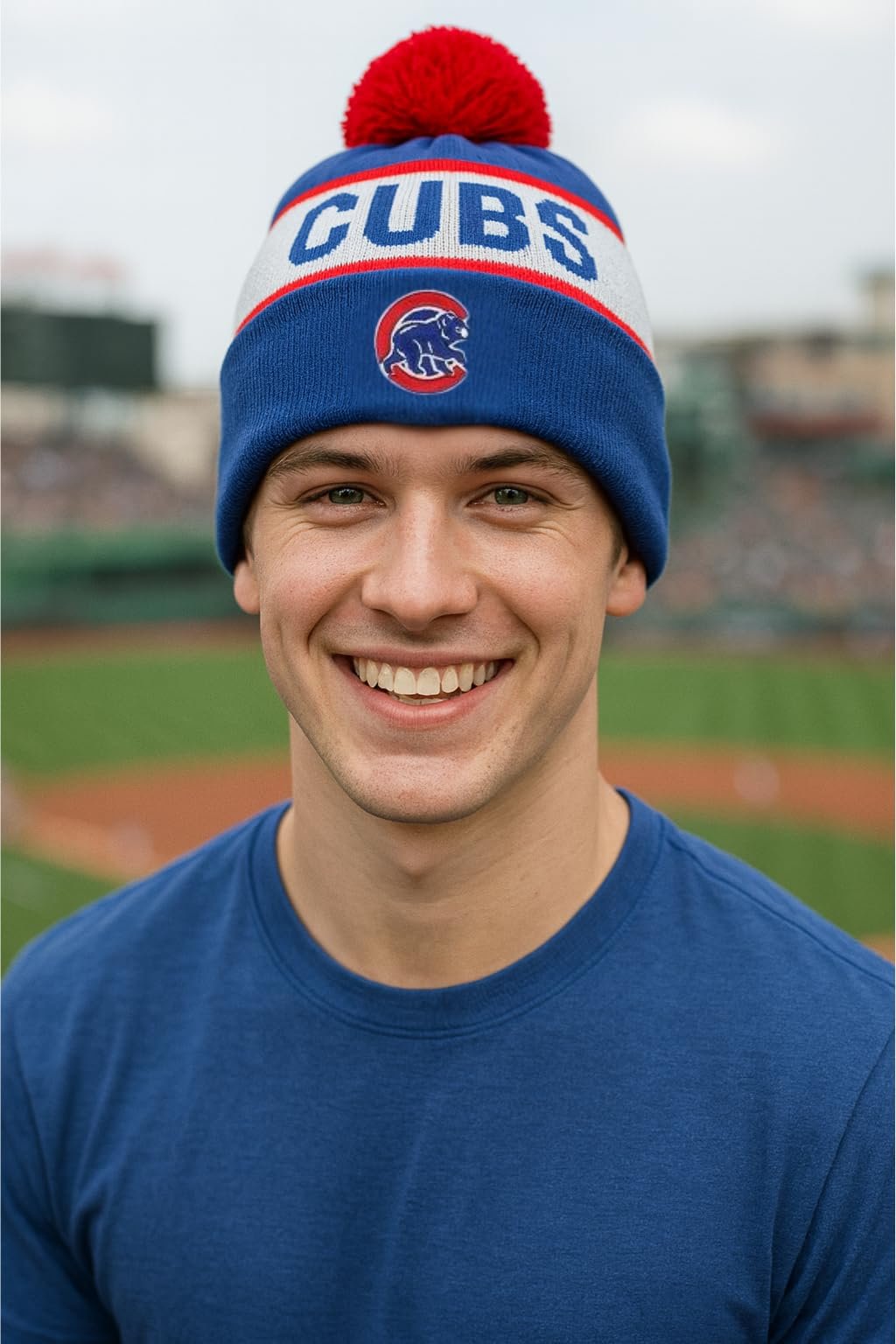 Officially Licensed Chicago Cubs Baseball Cuffed Knit Pom Beanie Hat Classic Edition Cubs Embroidered Team Logo Royal Blue Winter Sports Cap