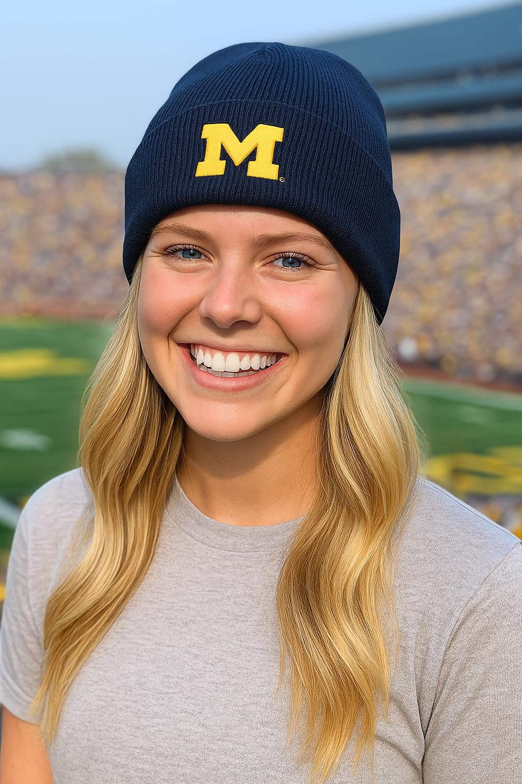 Officially Licensed Michigan Wolverines Cuffed Knit Navy Blue Beanie Hat Classic Primary Team Logo Embroidered University Cold Weather Cap