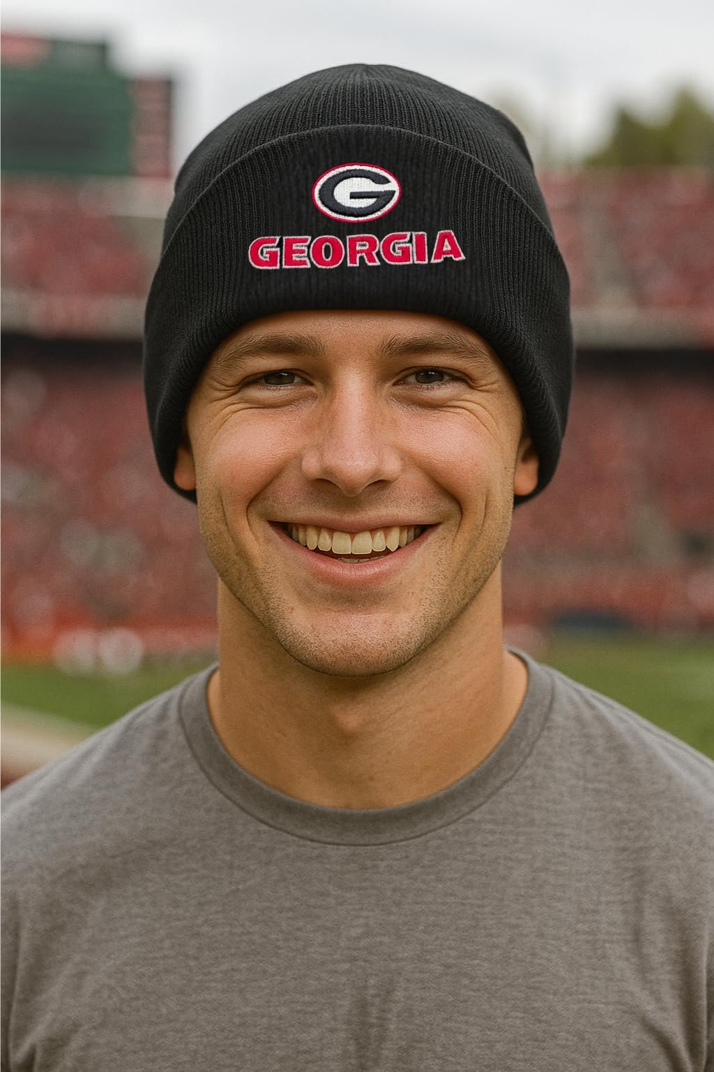 Officially Licensed Georgia Bulldogs Cuffed Knit Black/White Beanie Hat Classic Edition Bulldogs Embroidered Primary Team Logo Winter Red Sports Cap