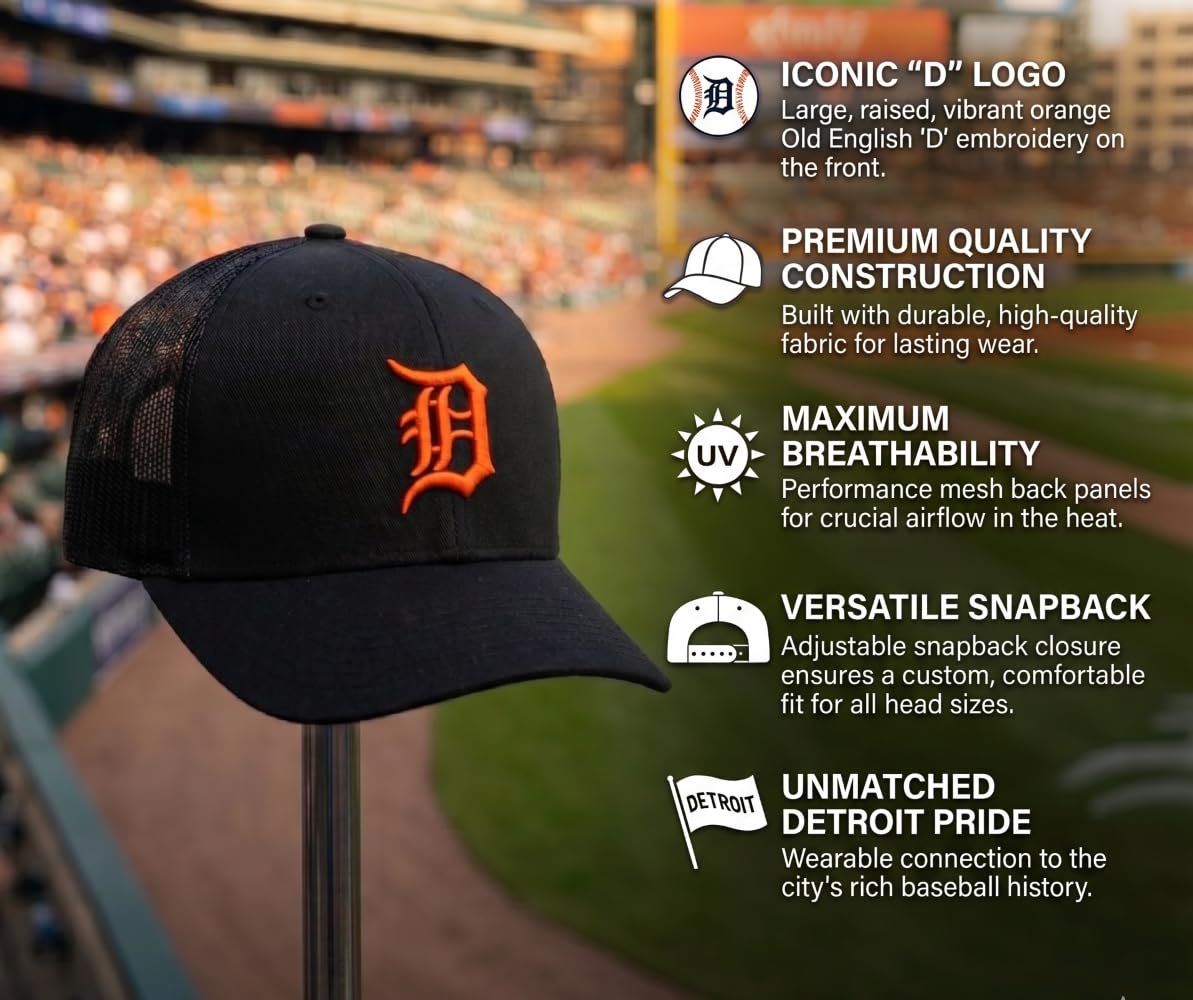 Detroit Tigers Black Mesh Trucker Hat with Embroidered Orange D Logo Adjustable Structured Sports Cap