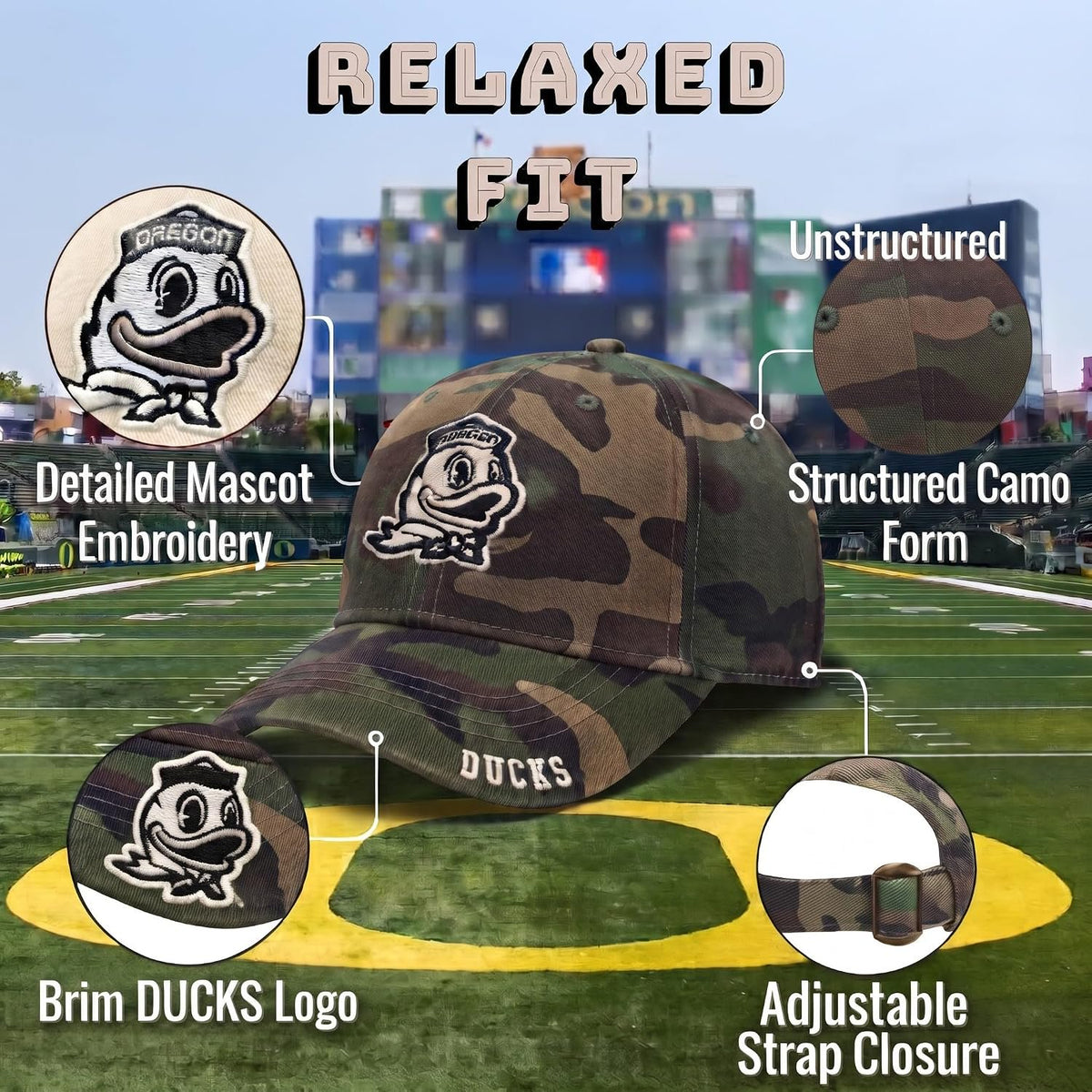 Oregon Ducks Camo Relaxed Fit Hat with Embroidered Duck Logo Unisex Cap