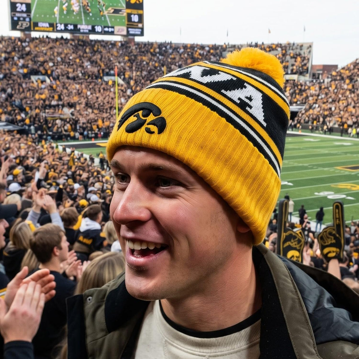 Iowa Hawkeyes Knit Cuff Snappy Beanie with Pom, Black & Gold